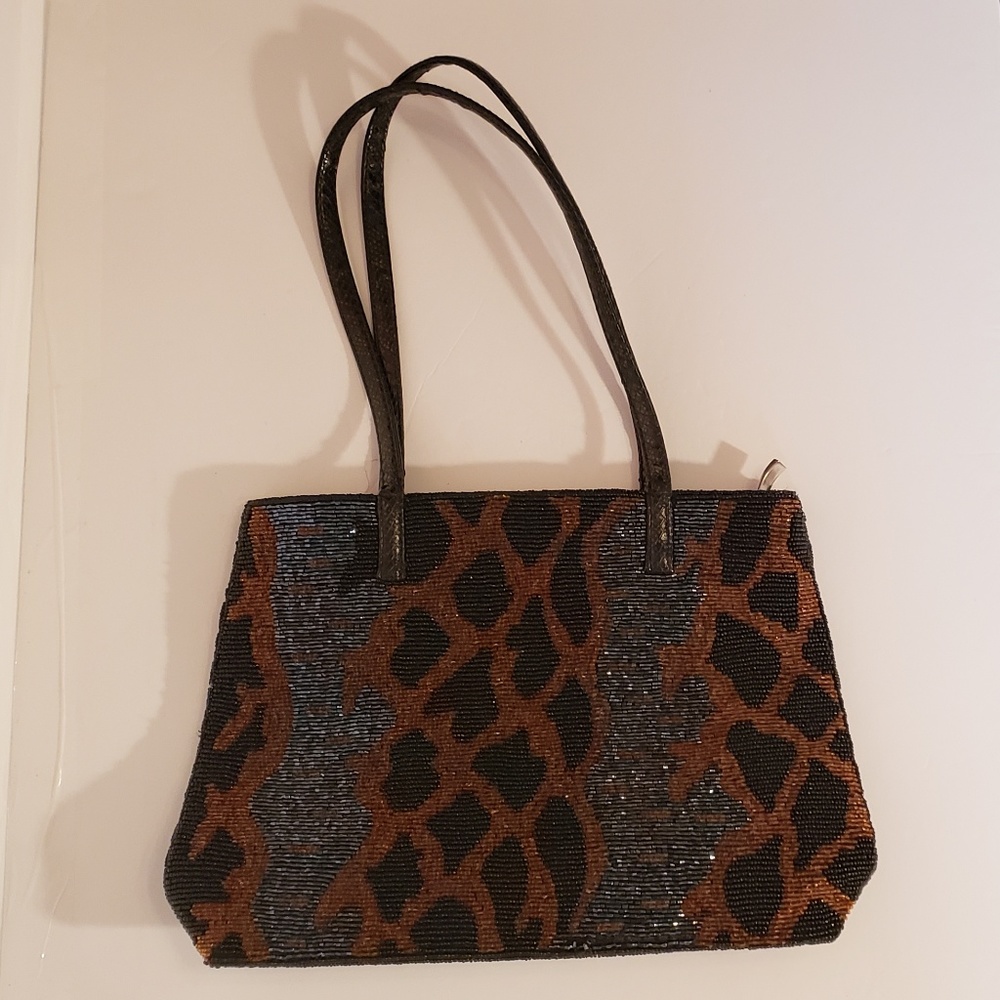 Animal Print Beaded Handbag Black Gold Brown AS IS